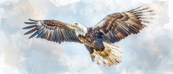 Fototapeta premium Stunning image of a majestic eagle soaring through a cloudy sky, showcasing its powerful wings and vibrant feathers.