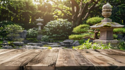 Tranquil garden view with wooden table and serene landscape in the background, perfect for relaxation and meditation.