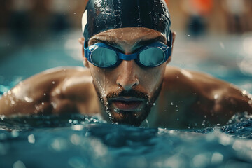 Fototapeta premium Motivated person swimmer learning swim sport, racing competition swimming challenge pool, Generative AI