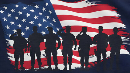 Memorial Day, USA army soldiers saluting on a background of sunset or sunrise and USA flag. Greeting card for Veterans Day, Independence Day. America celebration, Generative Ai 