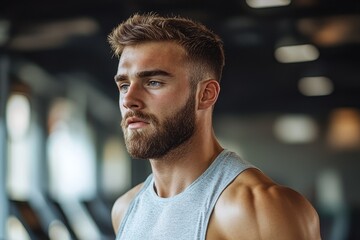 Obraz premium Sporty man running on treadmill in modern gym