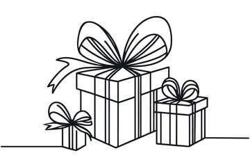 Gift boxes with ribbon bow, continuous line drawing. Vector isolated on white.