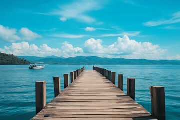 Obraz premium A picturesque shot of a wooden dock stretching into a tranquil blue lake under a sky dotted with fluffy white clouds.