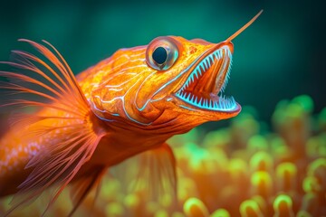 Fototapeta premium Mysterious anglerfish with bioluminescent lure, its jagged teeth illuminated by its own light