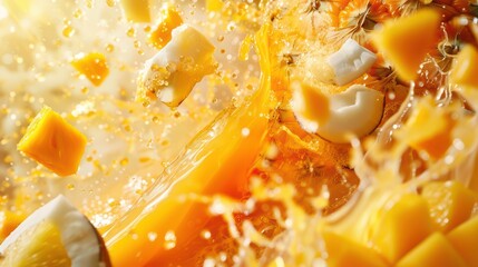 Vibrant splash of tropical mango and coconut creating a refreshing and dynamic visual of summer flavors.