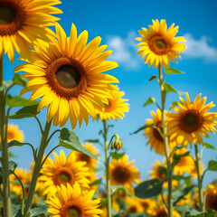 Vibrant sunflowers blooming under a clear blue sky at midday