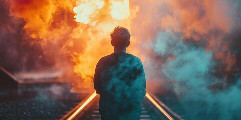 Obraz premium A solitary person standing on railway tracks enveloped by vibrant orange and blue smoke creating a dramatic aura.