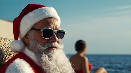 Santa Claus with sunglasses resting at sea resort