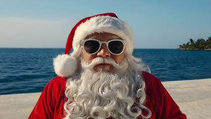 Santa Claus with sunglasses resting at sea resort