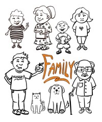 Doodle Family with pets isolated figures set
