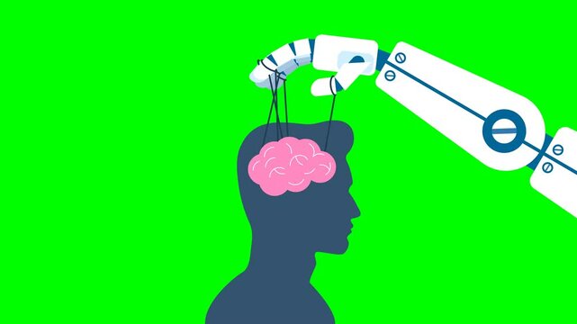 The robotic hand manipulates the human brain. Robot puppet master controlling silhouette of businessman's head. A robot controls the puppet man. Human vs Machine. AI. 2d flat animation. Alpha channel