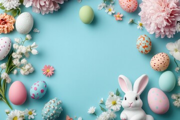 Easter Eggs, Flowers, and a Bunny on a Blue Background