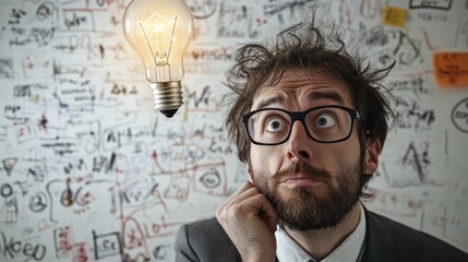 A businessman stands in front of a whiteboard filled with marketing terms.