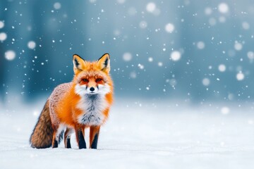 A beautiful red fox stands gracefully in a snowy landscape, surrounded by delicate snowflakes, embodying winter's tranquility.