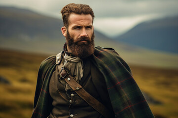 AI generated image of a handsome man in field on cloudy day background