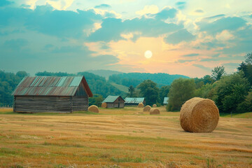Generated with AI image of roll of hay in a sunlit field harvest landscape nature