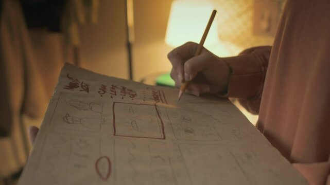 Side cropped closeup of anonymous woman in longsleeve drawing and editing storyboard with pencil, working on new film indoors
