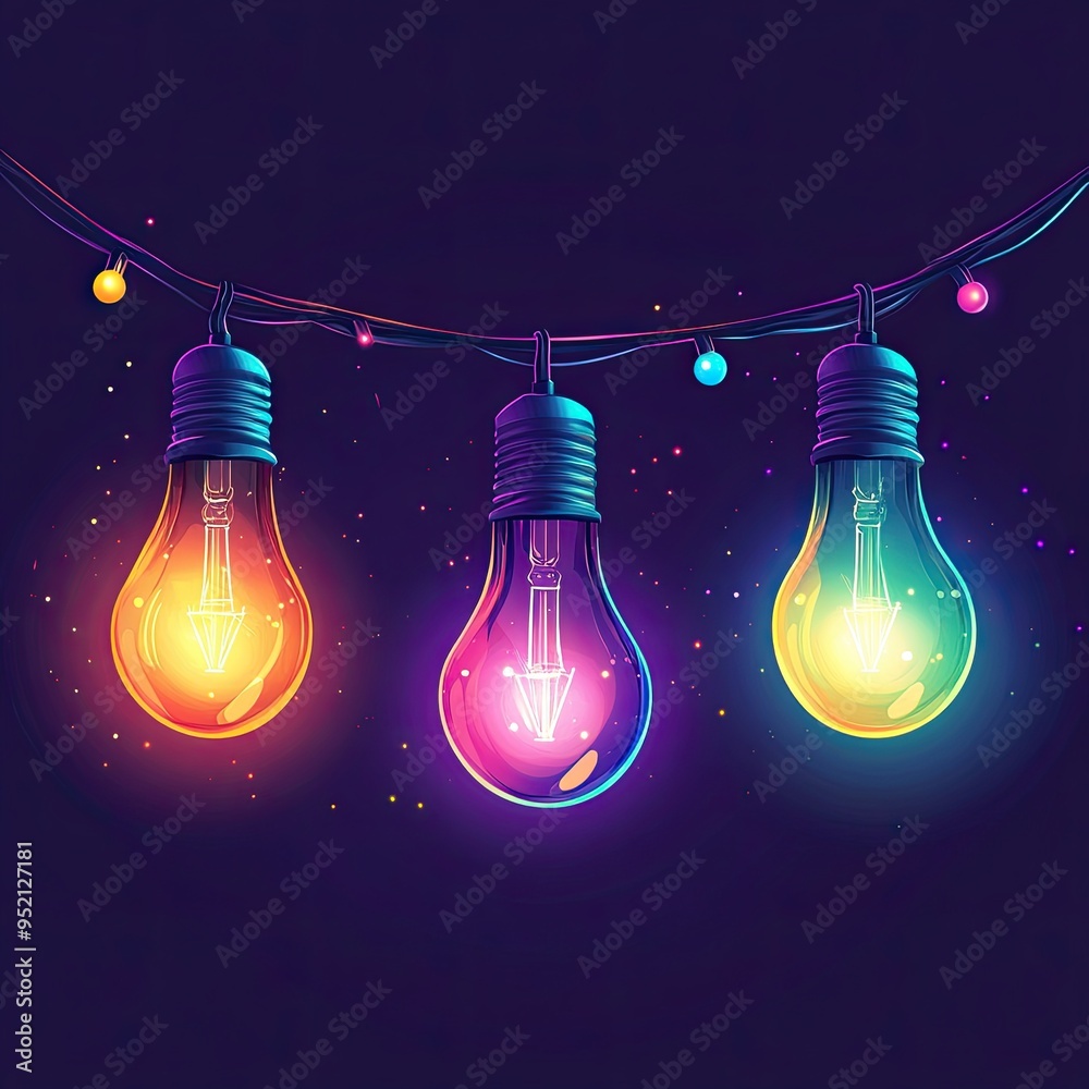 Canvas Prints a string of colorful light bulbs on a dark purple background