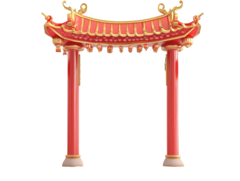 Vibrant traditional Chinese archway with red pillars and ornate roof, transparent