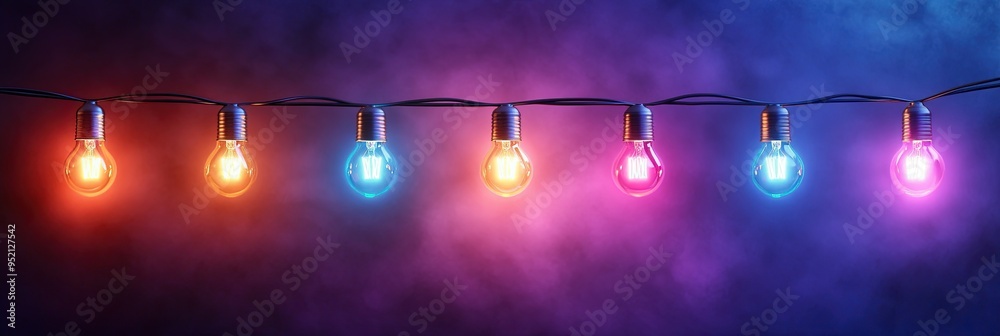 Canvas Prints a string of colorful light bulbs on a dark purple background