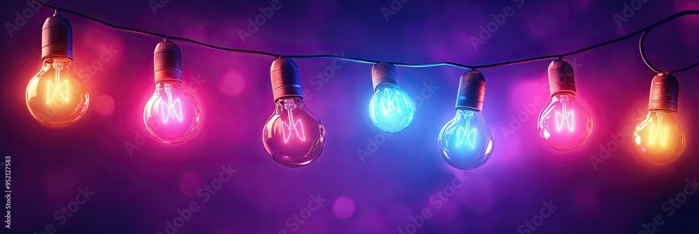 Canvas Prints a string of colorful light bulbs on a dark purple background
