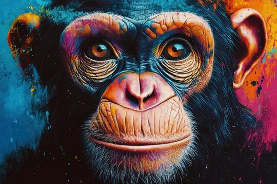 Close-up Portrait of a Chimpanzee with Vibrant Painted Strokes