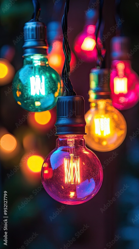 Wall mural a string of colorful light bulbs hanging from up. the lights create an enchanting atmosphere with th