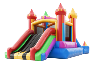 Colorful inflatable bounce house with slides for outdoor fun, transparent