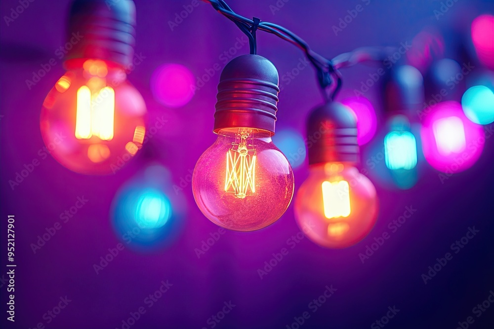Canvas Prints a string of colorful light bulbs on a dark purple background