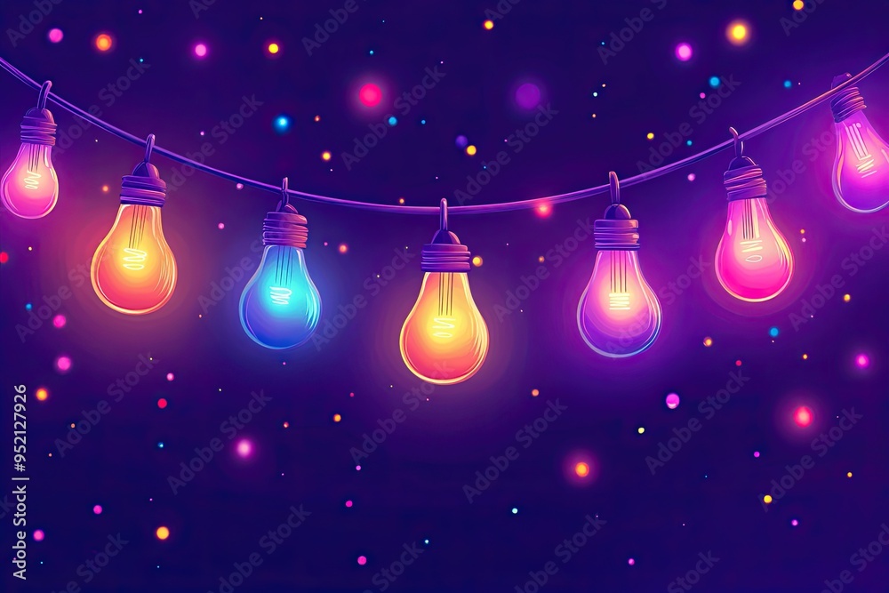 Canvas Prints a string of colorful light bulbs on a dark purple background