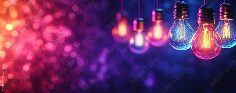 Canvas Prints a string of colorful light bulbs on a dark purple background