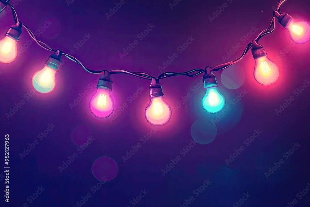 Canvas Prints a string of colorful light bulbs on a dark purple background