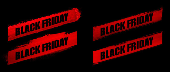 set collection of Bold BLACK FRIDAY text title over a vibrant red brush stroke ink paint isolated on black background, promotions advertising badge sale.