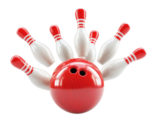 Bowling ball striking down pins during a game at a local alley, transparent