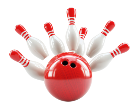 Bowling ball striking down pins during a game at a local alley, transparent