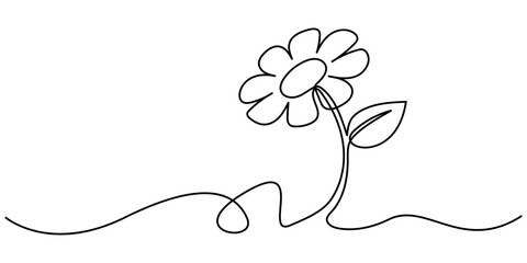 Obraz premium One line sunflower element. Black and white monochrome continuous single line art, Single sunflower simple vector line illustration. One line art drawing of sunflower, One continuous line drawing 