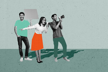 Composite trend artwork sketch image collage of young lady guy crowd group boss stand hand hold...