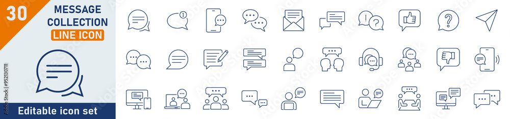 Poster message line icon set. set of 30 outline icons related to communication, speech, chat, help. message