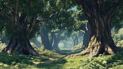 Fototapeta premium A beautiful fairytale enchanted forest with big trees and great vegetation 