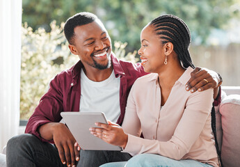 Black people, couple and smile with tablet on sofa at home with browsing internet for house...