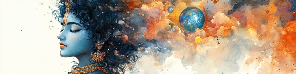 Surreal Watercolor Abstract: Cultural Fusion of Hindu Spirituality and Modern Design. Vibrant Red and Blue Patterns Depicting Krishna's Divine Essence for 2025 Marketing, T-Shirt Art, and UI Projects.