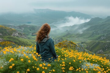 Fototapeta premium A young woman stands in the middle of a valley with beautiful yellow flowers in front of a vast mountain range covered in mist in the distance.