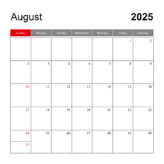 Wall calendar template for August 2025. Holiday and event planner, week starts on Sunday.