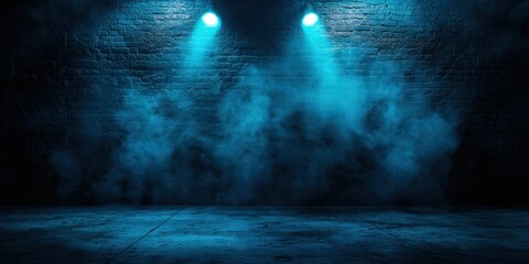 Abstract Dark Brick Wall with Blue Light and Fog