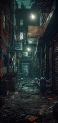 Dark, eerie alleyway with scattered trash, dim lighting, and a mysterious figure in the distance, evoking a sense of suspense and mystery.