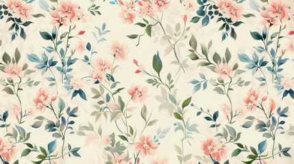 Floral pattern with pink flowers and green leaves on a beige background