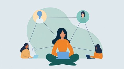 Gen Z mental health support network visualized. Interconnected web of digital platforms with AI therapists and peer counseling. Modern youth wellbeing combining technology and human connection.