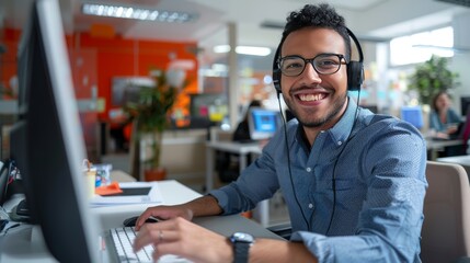 Smiling customer service representative working on a computer at call center and looking at camera. 