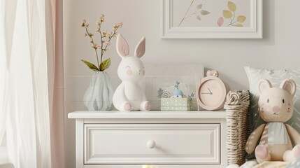 Decorative rabbit vase, a plush toy resembling a bear, a small clock, and a framed artwork of leaves