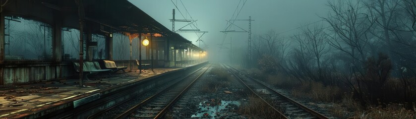 Fototapeta premium Misty railway station at dawn with dim lights and eerie atmosphere, highlighting the quiet, desolate train tracks and abandoned platform.
